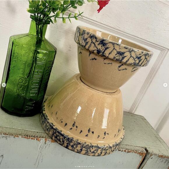 Vintage Blue Spongeware Robinson Ransbottom Roseville Ohio Spatter Bowls PAIR - Picture 3 of 10